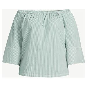 Free Assembly Top Cotton Green White Striped Off Shoulder Shirt Sz XXXL